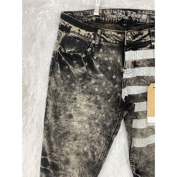 Revolution By Revolt Women Size 13 Black Stretch Jeans Flag Print NWT - Picture 2 of 11